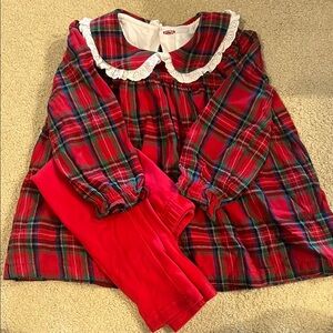 Cecil and Lou Red Plaid Dress with Lace Collar and Red Leggings